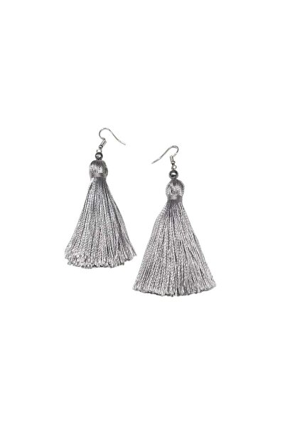 OEM Cercei lungi cu franjuri, Eleganza, ciucuri din mătase și perle sintetice, gri argintiu, 2,5 x 9 cm