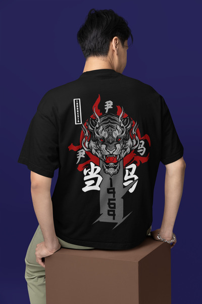 MAGORS تي شيرت أسود برقبة دائرية وطبعة تنين 1969 للجنسين مقاس كبير 100% قطن ن...