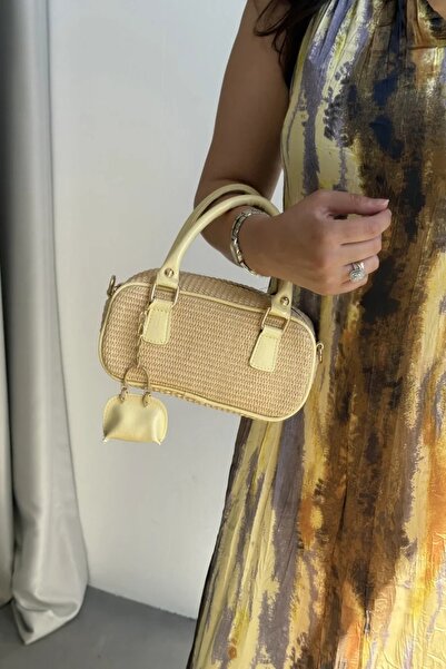 LEONAS Women's Hand and Shoulder Bag Julyne Yellow with Straw Charm Gift