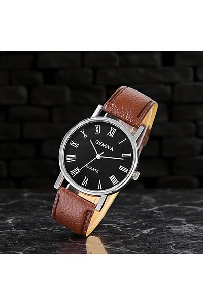 Feronnucci Men's Wristwatch Black-Brown Leather Band Classic Quartz Watch St-603