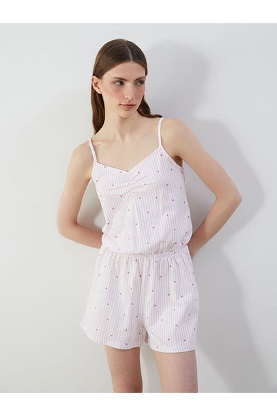 LC Waikiki Lcw V-Neck Patterned Strap Women's Shorts Jumpsuit Pajamas Fast Fashion