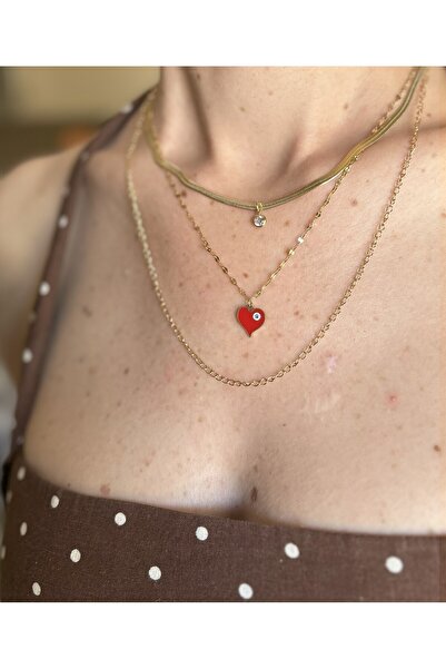 Butik قلادة ذهبية اللون من 3 طبقات مع أشكال القلب والحجر، وسلسلة على شكل ثعبا...