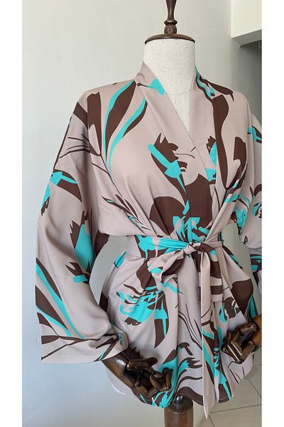 Glowear Atelier Brown Patterned Design Belted Kimono