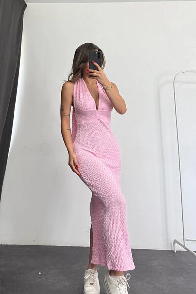 MOZENA Halter Neck Seersucker Fabric Back Slit Dress