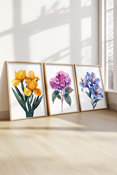 STARYUNA Set de picturi din 3 piese cu flori cu rama din lemn Yuna222