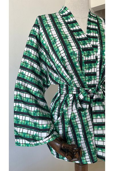 Glowear Atelier Green Mixed Patterned Design Belted Kimono