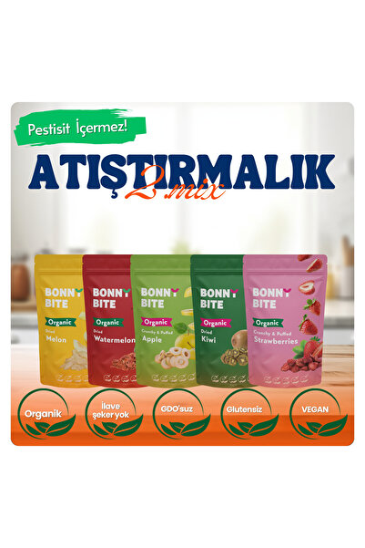 Bonny Bite بطيخ عضوي مجفف، بطيخ، تفاح، كيوي وفراولة، عبوة من 5 قطع (ATŞTIRMAL...