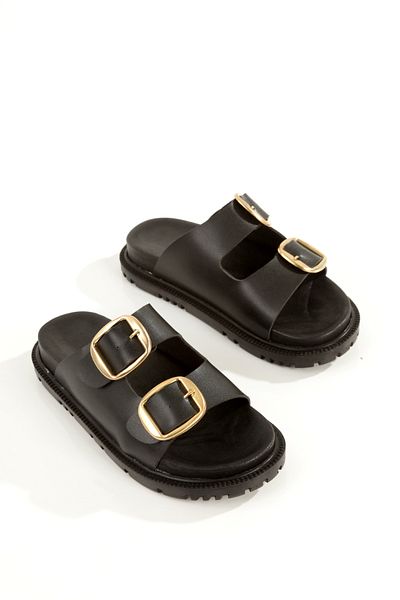 Ayakkabı Podyumum '' Sea'' Black Skin Gold Color Double Buckle Black Sole Slippers New Season