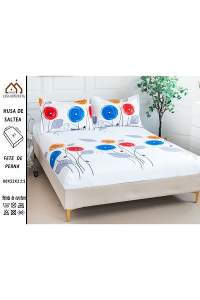 FIONNA.RO Satin Cotton Elastic Pillowcase and Pillowcases 180x200cm - Drawn Flowers