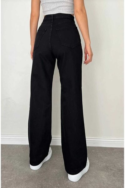 LORDA GİYİM Elliy Jet Black Lycra Super High Waist Loose Jeans Palazzo Pants (Super High.) Wide Leg