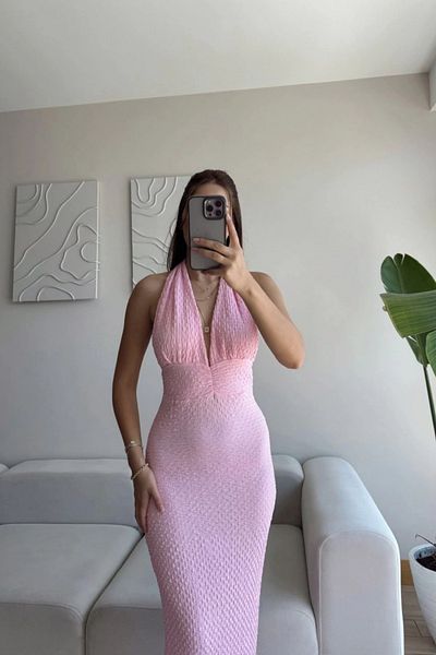 MOZENA Halter Neck Seersucker Fabric Long Dress with Slit Back