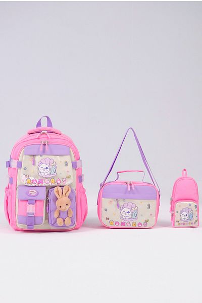 Roxbros Cute Cat Patterned 3-Piece Girls' School Bag Set - Primary School Bag with Pen Holder and Thermal Nutrition