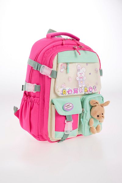 Roxbros 3-Piece Girls' School Bag Set with Rabbit Figure - Primary School Bag with Pen Holder and Thermal Nutrition