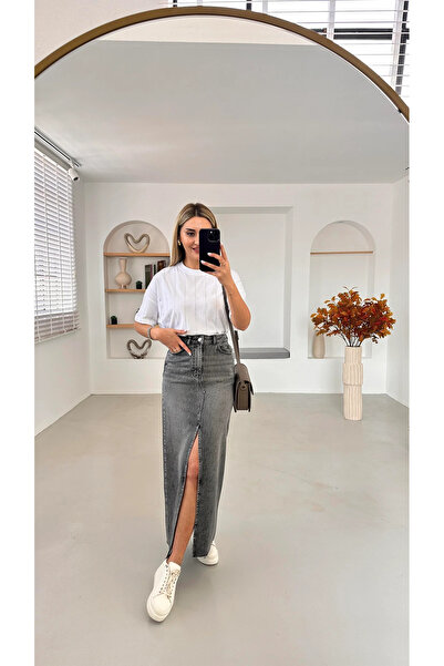 Fibula Ön yırmaçlı füme kot uzun etek