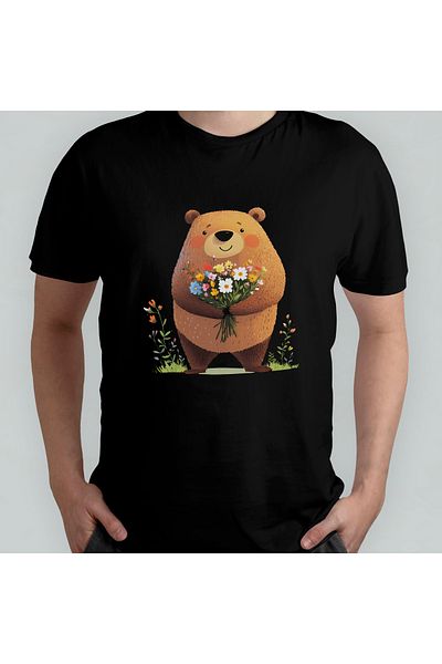 Pixxa Cute Bear - Bear Unisex 100% Cotton Crew Neck T-Shirt Model 3
