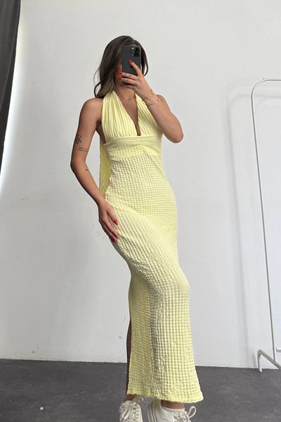 MOZENA Halter Neck Seersucker Fabric Back Slit Dress