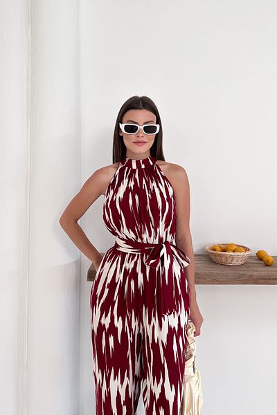 MOZENA Halter Neck Patterned Belted Jumpsuit