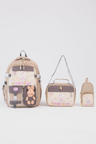 Roxbros 3-Piece Girls' School Bag Set with Rabbit Figure - Primary School Bag with Pen Holder and Thermal Nutrition