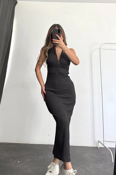 MOZENA Halter Neck Seersucker Fabric Back Slit Dress
