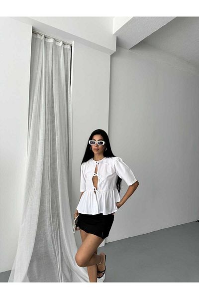 GALAVİP Women's Cotton Poplin Fabric Bow Shirt