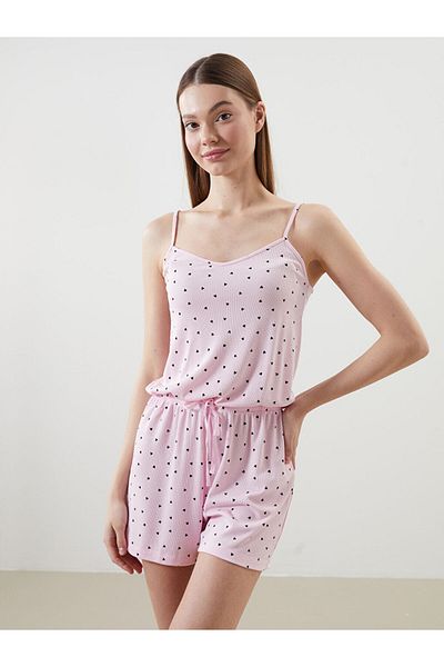 LC Waikiki Lcw V-Neck Patterned Strap Women's Shorts Jumpsuit Pajamas Fast Fashion
