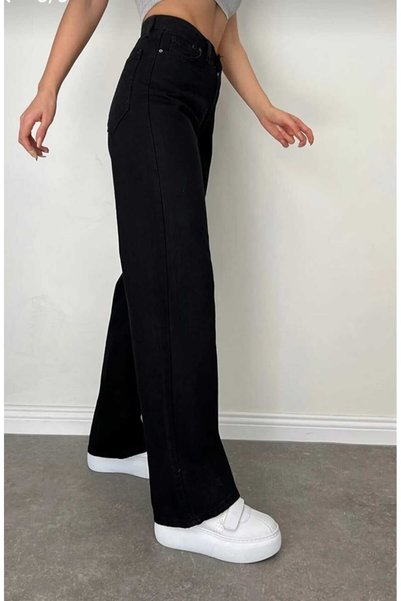 LORDA GİYİM Elliy Jet Black Lycra Super High Waist Loose Jeans Palazzo Pants (Super High.) Wide Leg