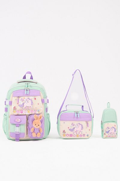 Roxbros Unicorn Korean Style 3-Piece Girls' School Bag Set - Primary School Bag with Pen Holder and Thermal Nutrition
