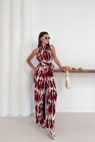 MOZENA Halter Neck Patterned Belted Jumpsuit