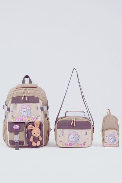 Roxbros Cute Cat Patterned 3-Piece Girls' School Bag Set - Primary School Bag with Pen Holder and Thermal Nutrition