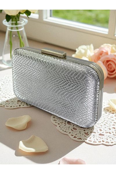 Biçanta Silver Gray Lame Color Laser Snake Pattern Evening Dress Bag Night Wedding Wedding Engagement Graduation Portfolio