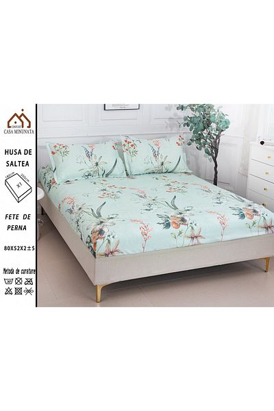 FIONNA.RO Satin Cotton Elastic Pillowcase and Pillowcases 180x200cm - Turquoise Floral