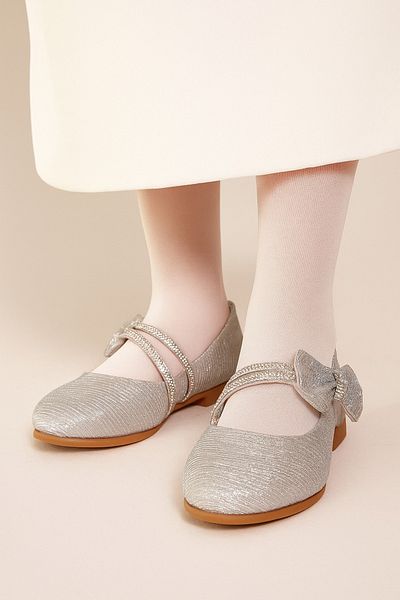 Pabrik Silver Glittery Stone Velcro Bow Girl's Ballerina Ballet