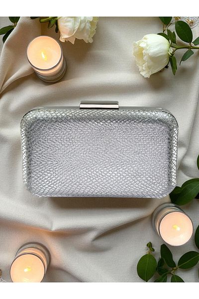Biçanta Silver Gray Lame Color Laser Snake Pattern Evening Dress Bag Night Wedding Wedding Engagement Graduation Portfolio