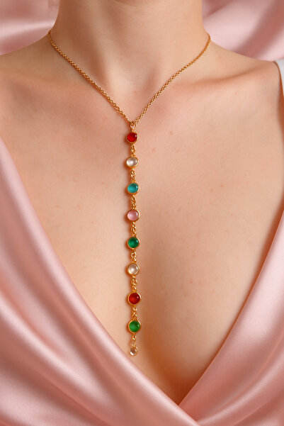 staınless steel Renkli Taşlı Kadın Çelik Y Kolye