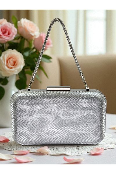 Biçanta Silver Gray Lame Color Laser Snake Pattern Evening Dress Bag Night Wedding Wedding Engagement Graduation Portfolio