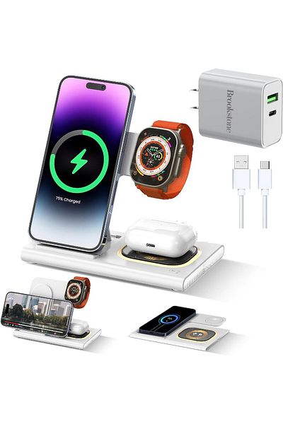brookstone 3-in-1 Wireless Charging Station, 2 Port 18W Wall Charger & High-Speed Cable
