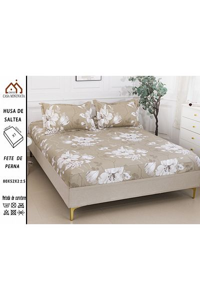 FIONNA.RO Satin Cotton Elasticated Pillowcase 180x200cm - Beige White Flowers