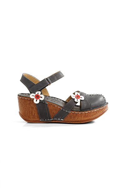 Modabuymus Leyat Siyah Hakiki Deri Önü Kapalı Sandalet Dolgu Topuklu Yazlık Ayakkabı