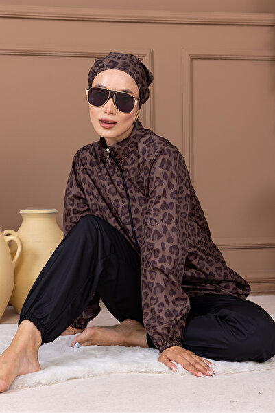 Vivezza Σετ μαγιό Hijab με μοτίβο λεοπάρ και τσάντα δώρο