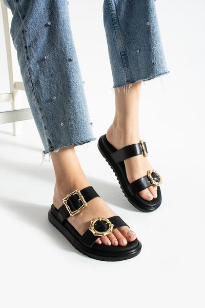 diclepolat Larin Black Two Buckle Flat Sole Women's Slippers