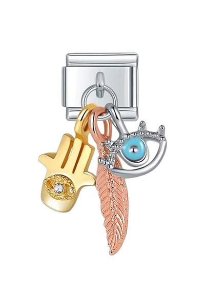 Dumledo Protective Hand, Feather and Eye Steel Italian Charm