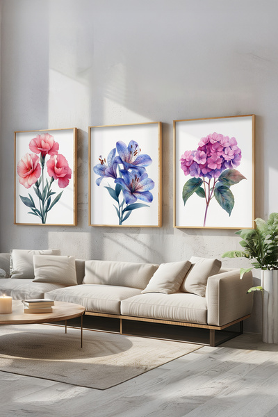 STARYUNA Set de picturi din 3 piese cu flori cu rama din lemn Yuna223