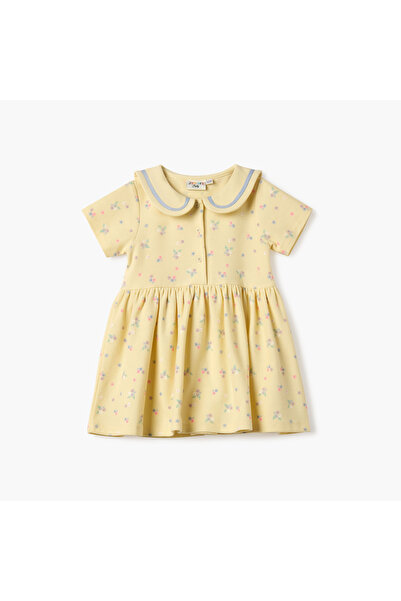 Juniors Floral Print Dress with Peter Pan Collar and Short Sleeves