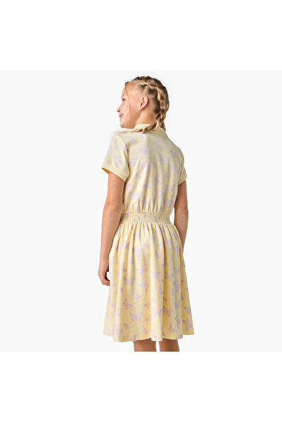 Juniors Butterfly Print Polo Collar Dress with Short Sleeves and Smocked Detail