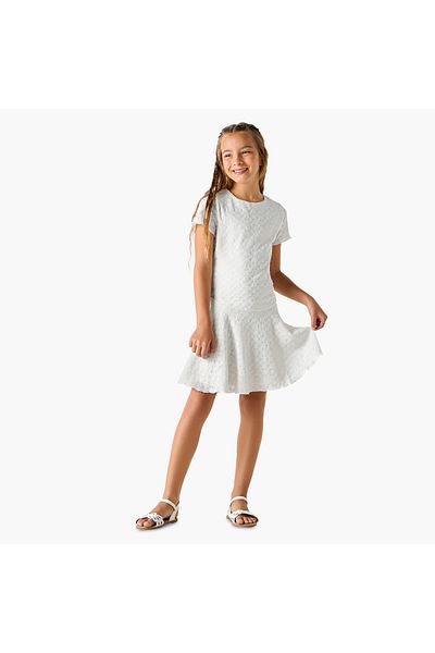 Juniors Textured Round Neck A-line Dress with Short Sleeves and Lettuce Hemline