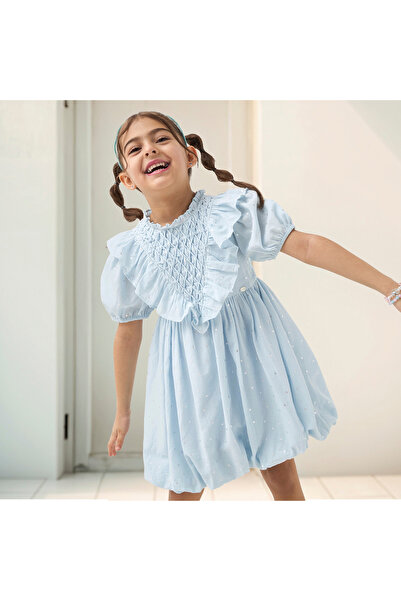 ELIGO فستان مزين على شكل حرف A مع رقبة على شكل فطيرة وأكمام قصيرة