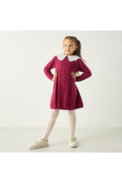 Juniors Textured A-line Dress with Peter Pan Collar with Stockings