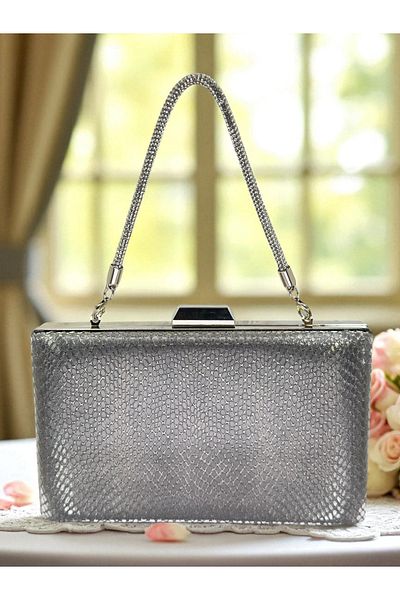 Biçanta Anthracite Gray Platinum Color Laser Snake Pattern Women's Evening Dress Bag Evening Bag Wedding Engagement Portfolio