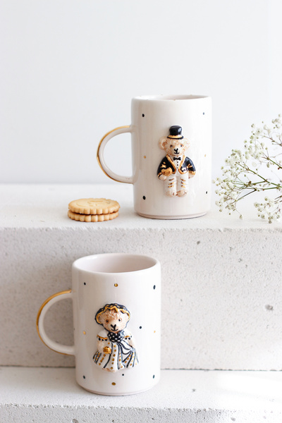 SİNEM YAMAN HOME طقم أكواب على شكل دب أسود للبنات والأولاد مكون من قطعتين 250 مل / طقم أكواب سيراميك مكون من قطعتين