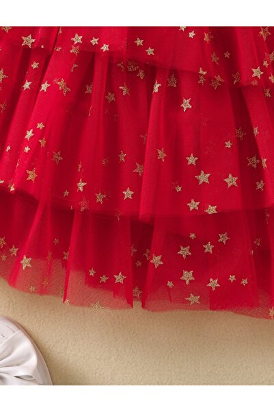 OEM Red dress with gold stars for girls made of lace/tulle in 3 layers, 110 cm, 5 years